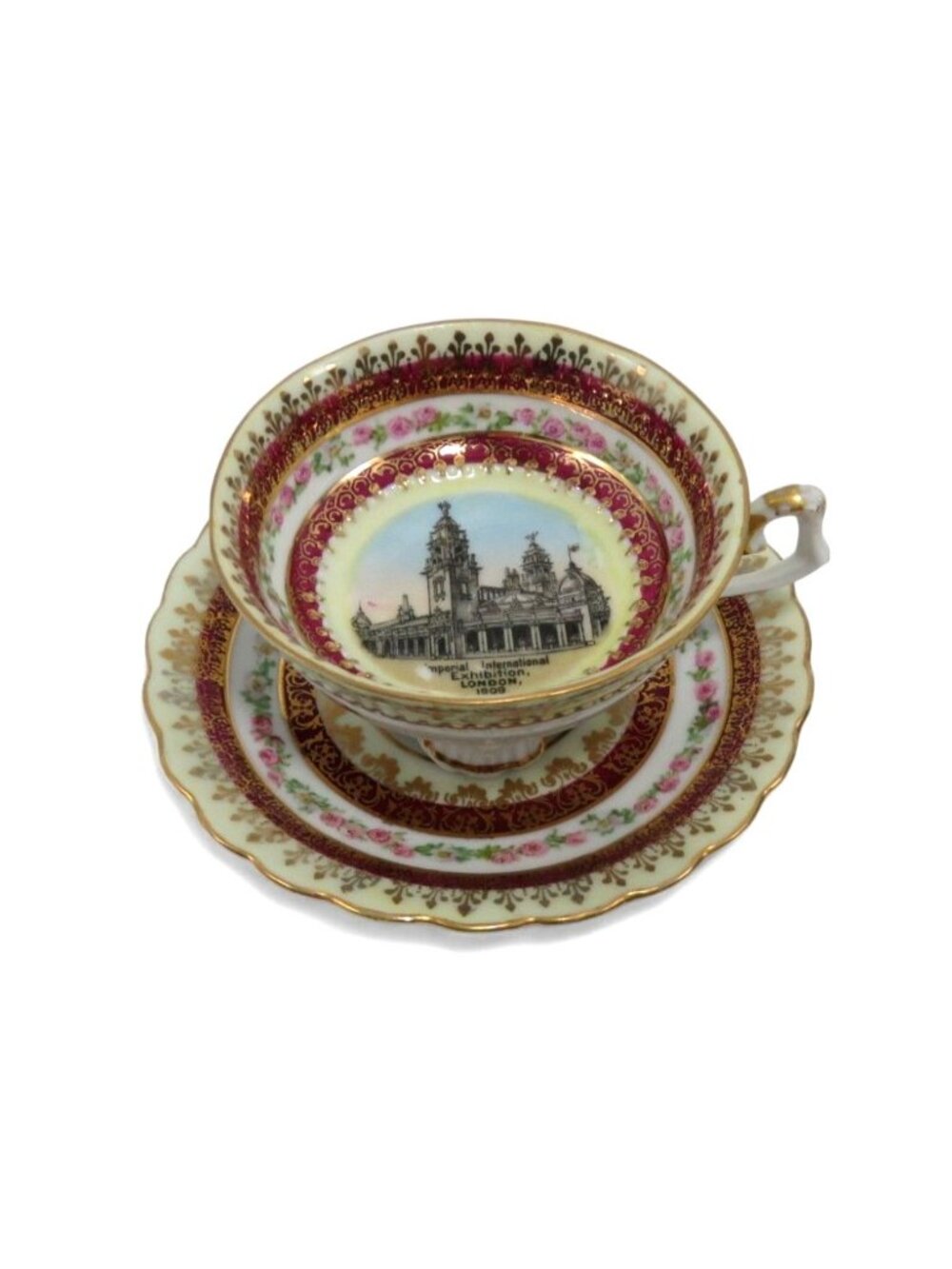 Vintage 1909 London Exhibition Cup and Saucer Gilt Floral Teacup Set